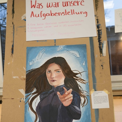 Gem&auml;lde einer Figur mit ausgestreckter Hand unter einem Schild.