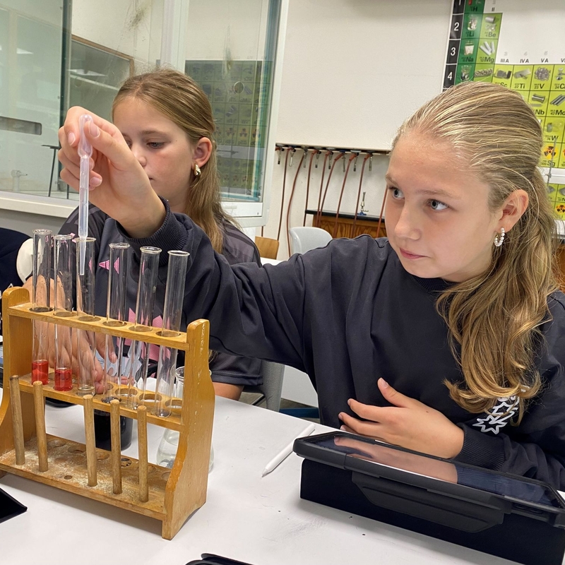 Zwei Sch&uuml;lerinnen arbeiten im Chemieunterricht mit Reagenzgl&auml;sern an einem Experiment.