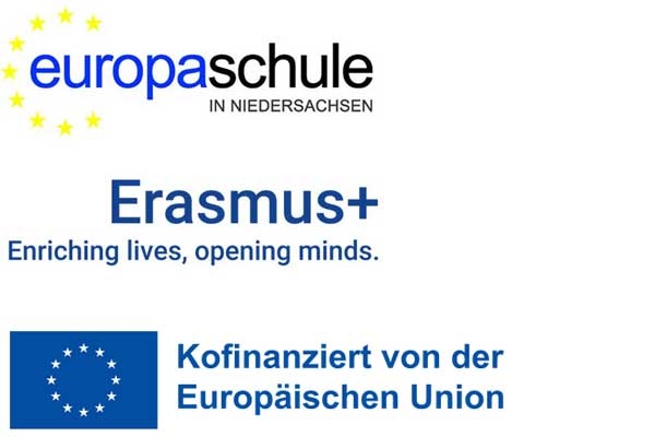 Logos: Europaschule in Niedersachsen, Erasmus+ und EU-F&ouml;rderhinweis