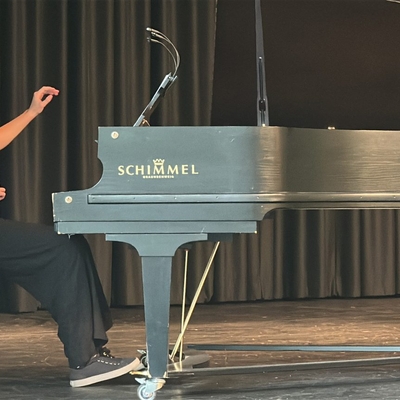 Eine Person spielt einen Fl&uuml;gel auf einer B&uuml;hne.