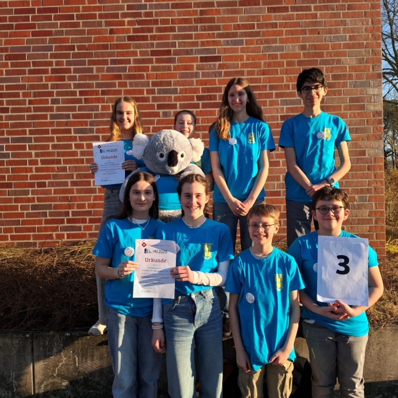 Acht Sch&uuml;lerinnen und Sch&uuml;ler posieren mit ihren Urkunden der Mathe-Olympiade.