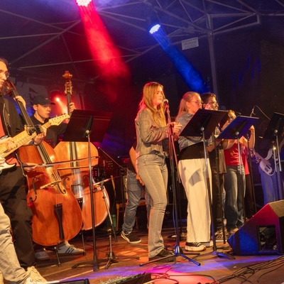 Musikerinnen und Musiker stehen mit Instrumenten und Mikrofonen auf einer B&uuml;hne im farbigen Licht.