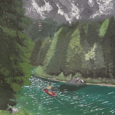 Gem&auml;lde einer Berglandschaft mit Fluss und kleinem Boot.