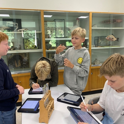 Sch&uuml;lerinnen und Sch&uuml;ler beobachten gemeinsam einen chemischen Versuch im Unterricht.