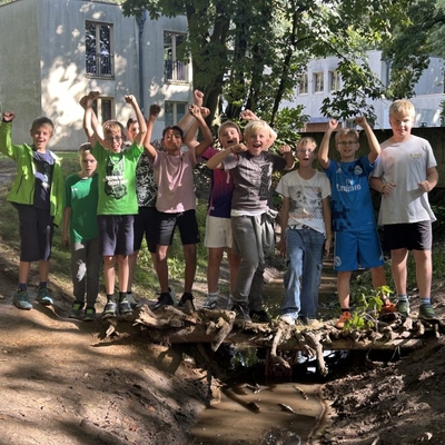 Kinder stehen und balancieren gemeinsam auf Baumst&auml;mmen im Wald.